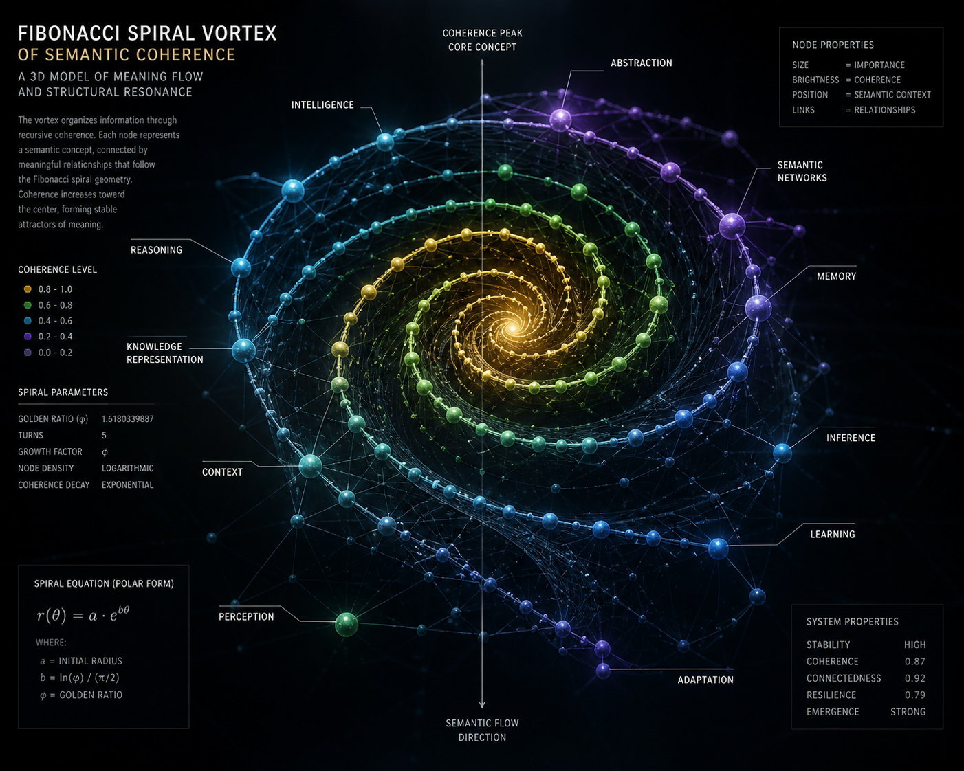SYGON Fibonacci Spiral Vortex — 3D model of semantic coherence with concept nodes arranged along golden spiral geometry, colour-coded by coherence level